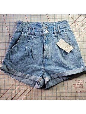 Zara Denim Shorts Women's Size 8 29" New High Waisted Jeans Cotton Double Button